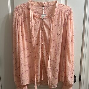BNWT Free People Sheer Long Sleeve  Pink Star Blouse with Tie-Neck